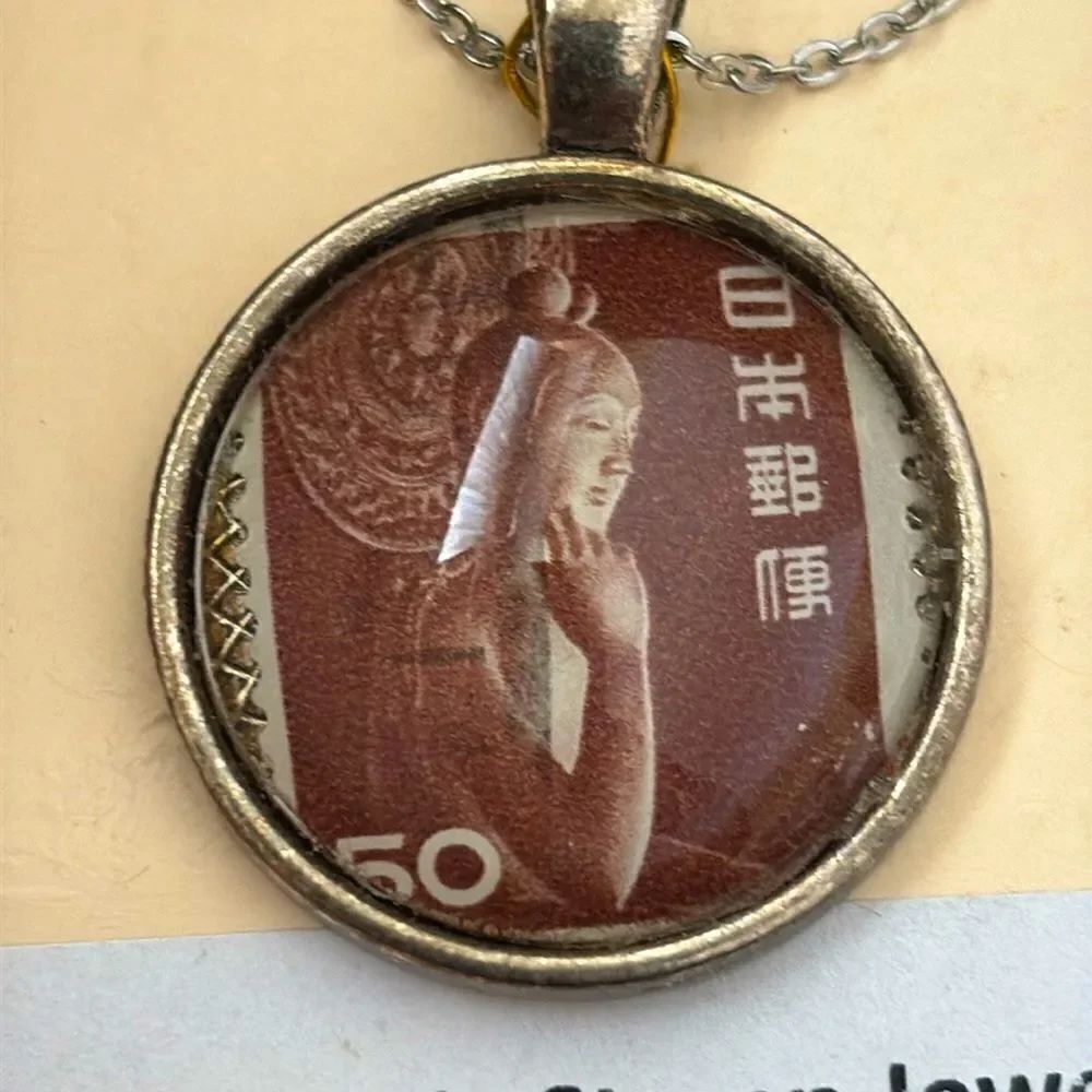1952 Japan Stamp Pendant Necklace NWOT 22” Chain